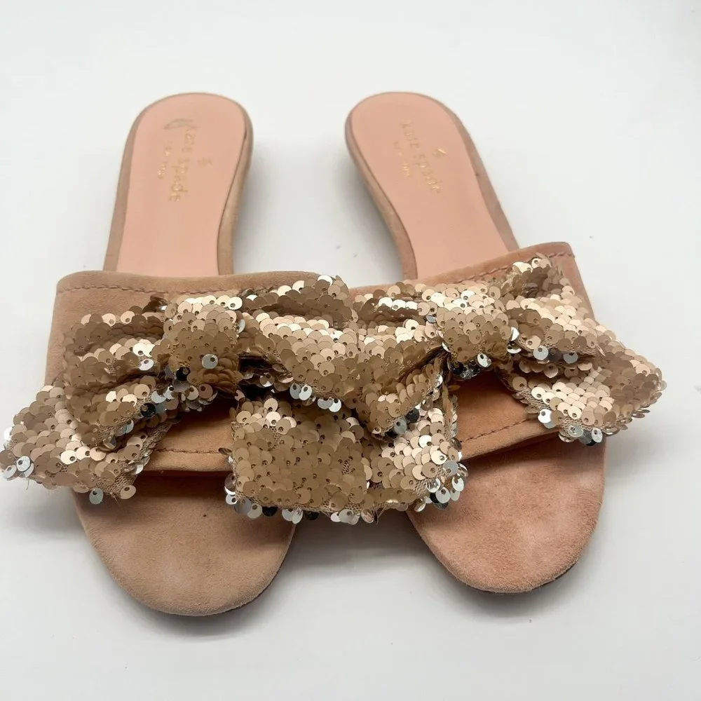 Kate Spade Blush Pink Sequin Bow Slide Sandals Sz 6 - Picture 5 of 6